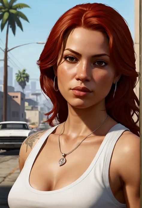 Make a redhead Latina girl  character with a white tank top in a portrait style artwork from the Grand Theft Auto franchise 