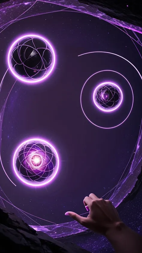 Low angle, Two-headed sorceress dropping purple spiral sphere of power in the middle of a retrofuturistic abyss