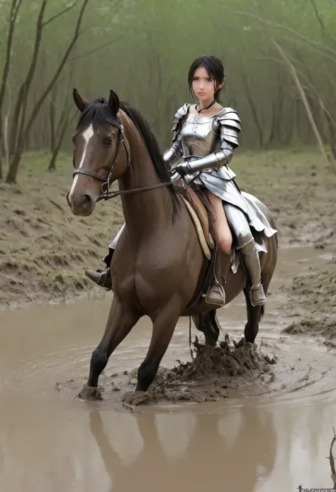 Anatomically correct構図,stuck in mud,(((masterpiece))),(((Highest quality))),((Tabletop:1.4, Highest quality)), (Realな写真:1.4), in the muddy river,dirty swamp,black hair and white horse ridden by girl meet with an accident that it fall over sticky swamp,Swea...