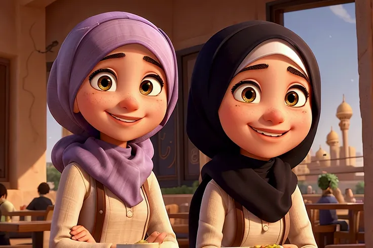 An Arab girl wearing a hijab leaves the restaurant smiling, Pixar