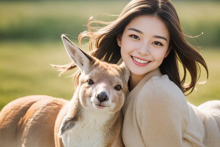 Highest quality　A smiling girl is inside the kangaroo&#39;s belly　Photo style　Real　Fairy tale