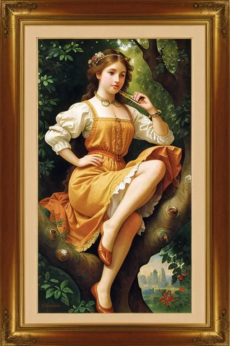 ((Best Quality)), ((masterpiece)), (detailed), 1 girl, logo of a delicatessen business, with a frame, Renaissance style, Mucha Style, colorful, lively. A beautiful young girl appears, country style, playing a flute sitting on a tree. Nice legs. Bucolic.