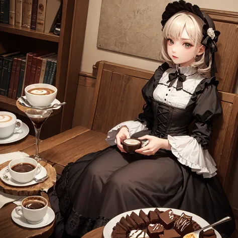 Coffee Break,Gothic Lolita,Victorian Era,Gothic ,Solo Girl,，Chocolate cake,Perfect composition,Lens Viewpoint