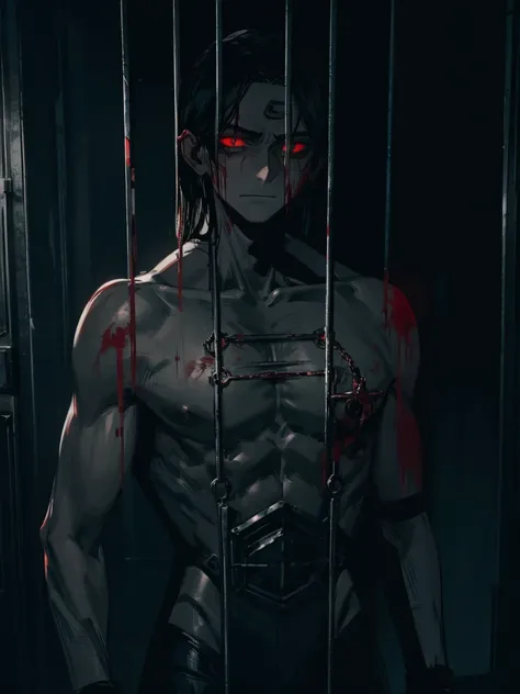 A man, long black hair, red eyes, fair skin, thin body, in a cage, bound, chained, desperate expression, Blood