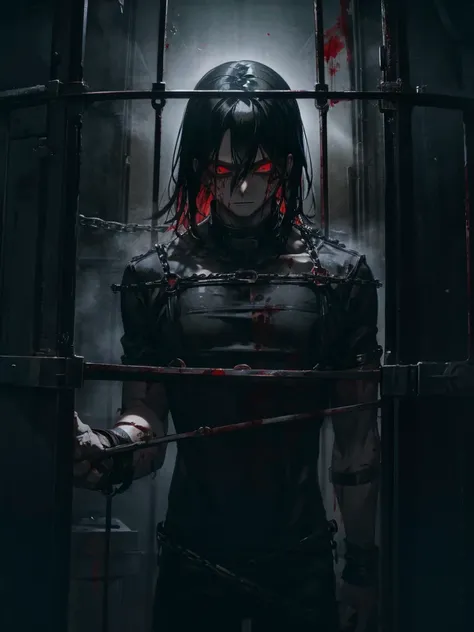 A man, long black hair, red eyes, fair skin, thin body, in a cage, bound, chained, desperate expression, Blood