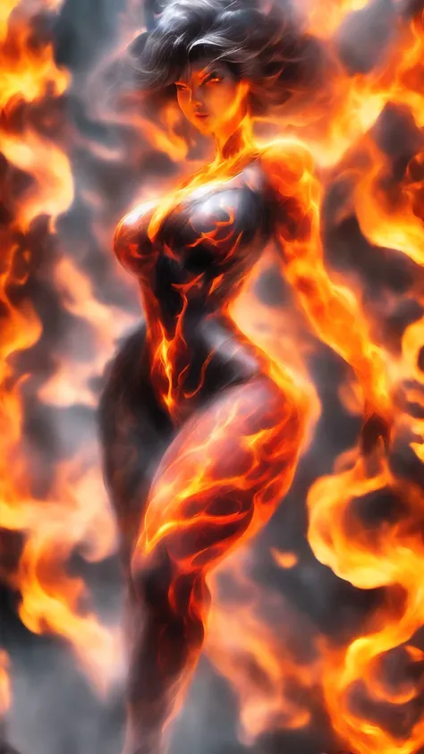 Storyboard, masterpiece, highest quality, dragonlady queen, perfect demoness, long legs, hourglass figure, curvy hips, bright red glowing eyes, detailed eyes (1.4), scars on face, villainous expression, flaming skin body with bioluminescent glowing pattern...