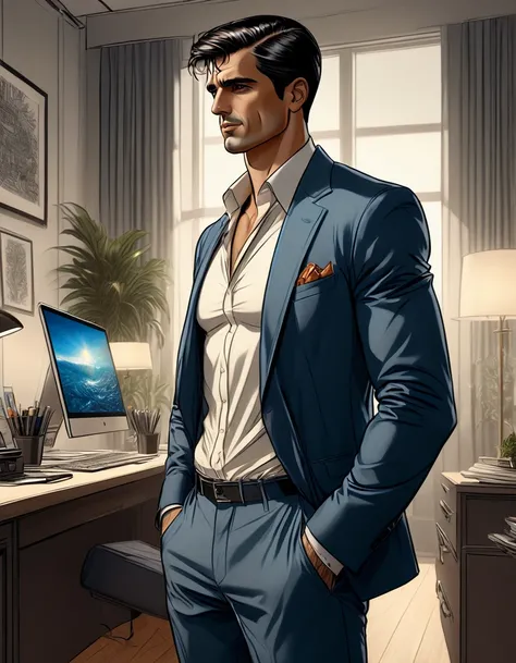 1 man standing in a modern office typing on a orange laptop MASTERPIECE by Aaron Horkey and Jeremy Mann, masterpiece, best quultradetailed art style, ((fullbody view from aside)) In leng jun art style front view fullbody, 1man, shirtless, pantless, wearing...