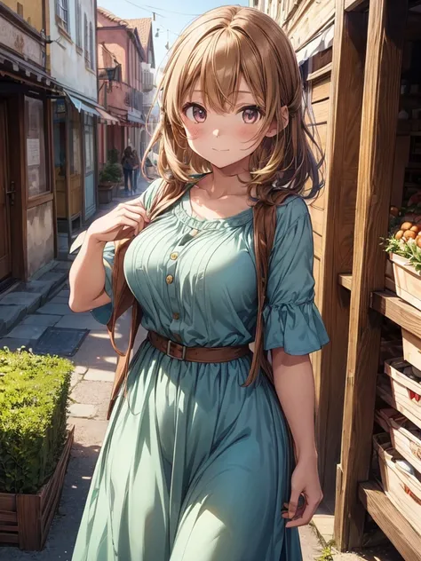 1girl,(anime coloring:1.2), best quality, looking at viewer, short wavy hair, chestnut hair, feminine, large breasts, (solid Maxi dress), (Light brown color Short sleeve Maxi dress:1.3),Medieval Europe,Ancient Village,Vegetable stall,Main Street,Fantasy