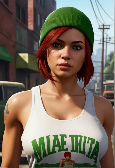 Make a redhead Latina girl  character with a white tank top in a portrait style artwork from the Grand Theft Auto franchise Make her with a beanie Make her with short hair down to her shoulders and green makeup 