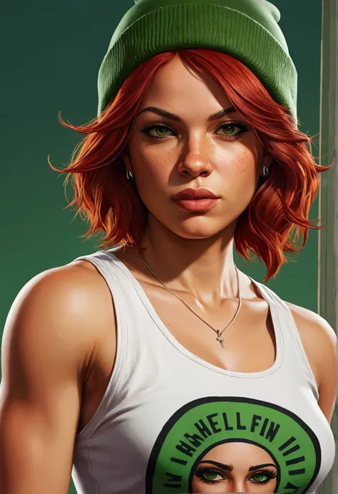 Make a redhead Latina girl  character with a white tank top in a portrait style artwork from the Grand Theft Auto franchise Make her with a beanie Make her with short hair down to her shoulders and green makeup 