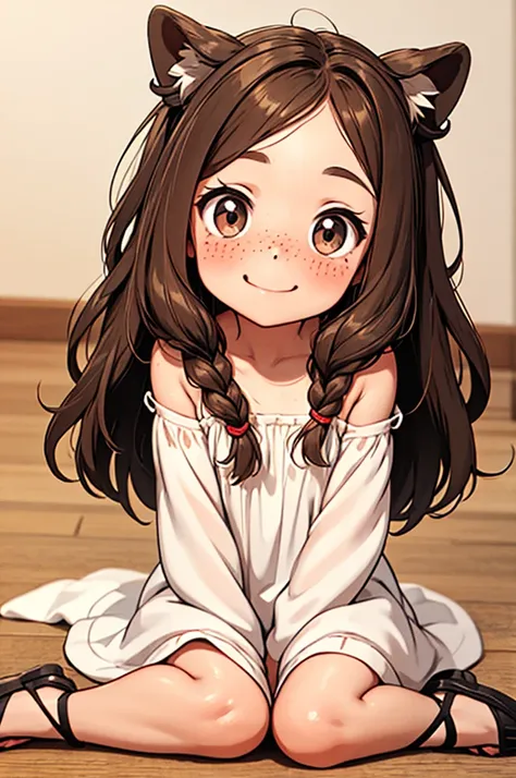 Chibi , full body , big hazel eyes , long wavy hair without bangs , blondie , white summer dress with straps , pretty sandals , blush face , sitting on the floor with a white with tan marks shihtzu dog, smiling face , cute freckles