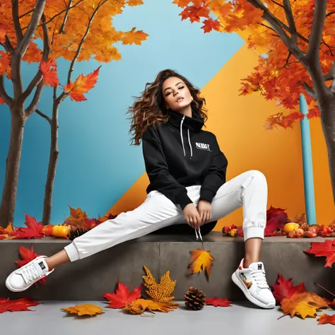 Create an image for the main banner of an urban sneaker store for the "Autumn Winter" season. The image should show a full-body woman, lying on her side with a relaxed expression, wearing trendy urban sneakers. The sneakers should be the main focal point o...