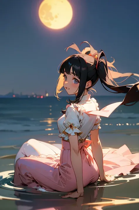 masterpiece, best quality, ultra detailed, outdoors, nature ,seaside serenity, {simple background} ,reflective water, a girl, idol, happy, smiling, sitting on the floor, looking away ,medium twintail, black hair, {{curly}}, black hair, odd eyes, droopy eye...