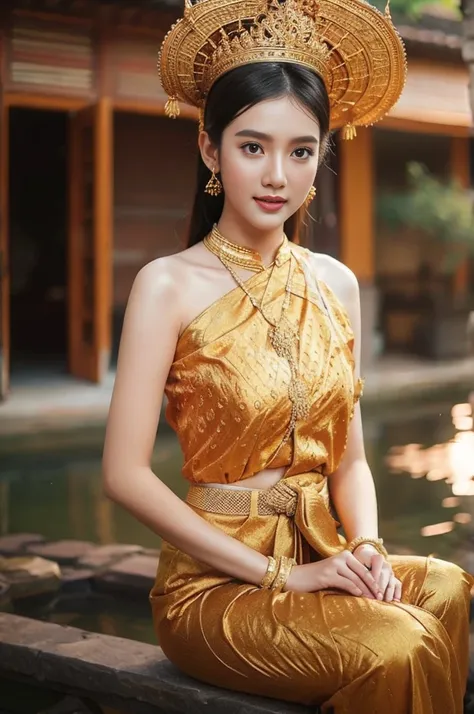 beautiful girl ,Thai women&#39;warrior, walking at thai measure, dynamic poses, Thai Noi, long ponytail,black eyes,abdominal muscles, plump body, rounded chest, (big breast:1.3), Hold the bow in your hand and aim at the target.. , rift, morning sun, starin...