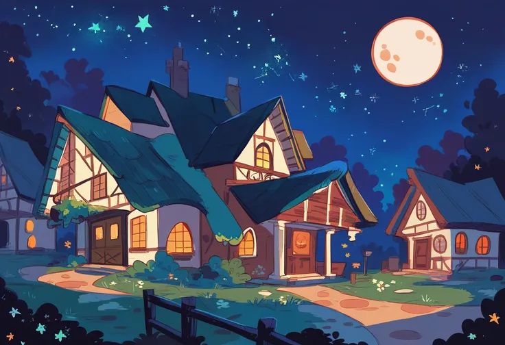 front of a house in a town neighborhood, at night, moon, stars,