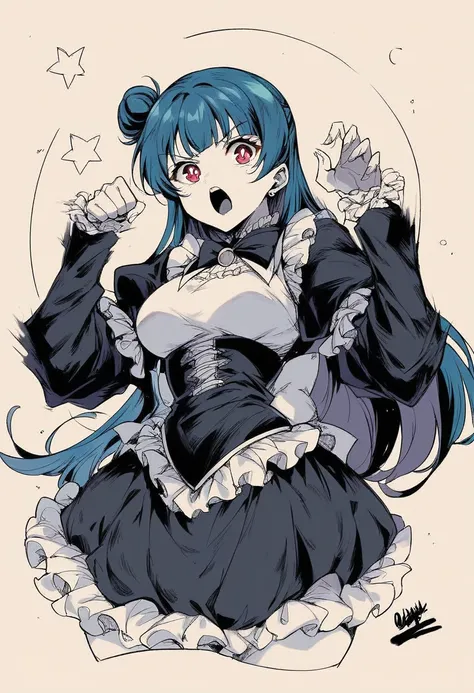 Please draw Tsushima Yoshiko (Yohan), a character from the anime "Love Live! Sunshine!!". She is in her signature dark angel pose, shouting her catchphrase, "Fallen angel Yohane has descended!" Her outfit should be dark gothic lolita style, with a black an...