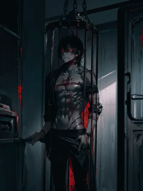 A man, long black hair, red eyes, fair skin, thin body, in a cage, bound, chained, desperate expression, Blood, bright environment