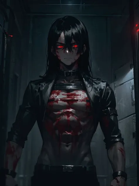 A man, long black hair, red eyes, fair skin, thin body, in a cage, bound, chained, desperate expression, Blood, bright environment