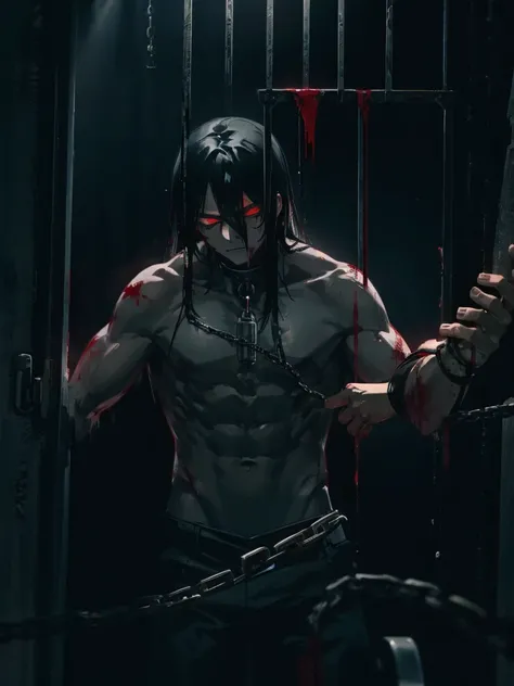 A man, long black hair, red eyes, fair skin, thin body, in a cage, bound, chained, desperate expression, Blood, bright environment