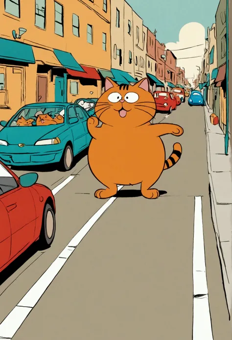 (((Exaggerated digital character sketches:1.37)).(There is a fat Garfield cat on the street，(Exaggerated expression,)，There are many cars underfoot，(Loose brushstrokes create the outline，Cartoon Style. Bright colors and simplified lines, sketch)。