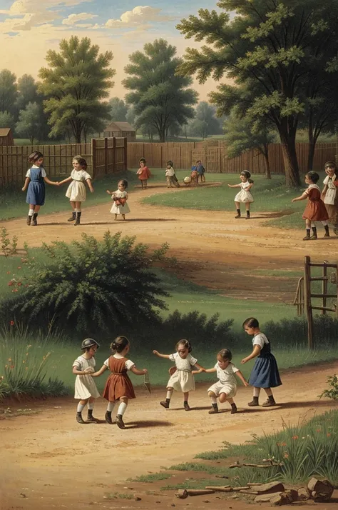 Create an image of children playing on a dirt field in the year 1800.