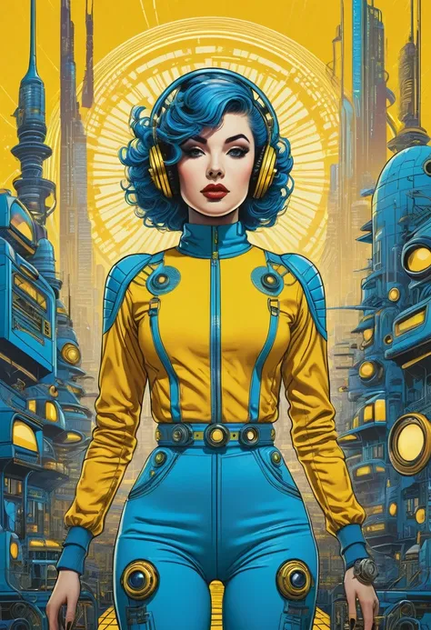 A captivating retro-futuristic poster featuring a bold and stylish retropunk girl, brilliantly designed by the talented trio of Rebecca Sugar, Charles Burns, and Dan McPharlin. The girl dons a vibrant yellow and sky blue outfit, adorned with intricate patt...