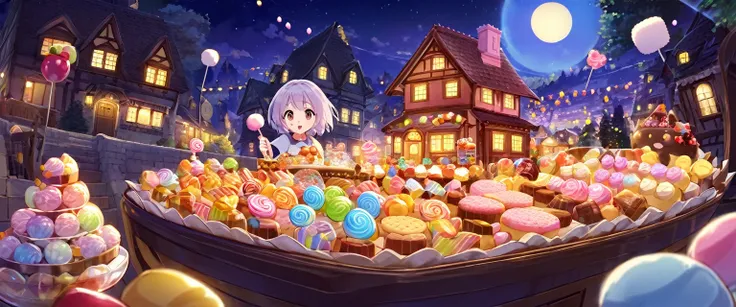 ghibli, sweets, biscuit, lollipop, marshmallow, candies house, night, fantasy, magic, ultra detailed, official art, masterpiece, illustration
