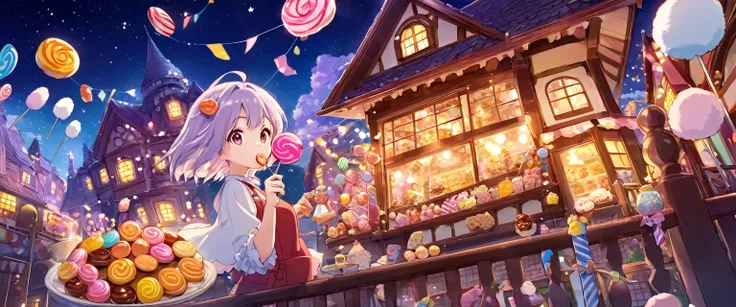 ghibli, sweets, biscuit, lollipop, marshmallow, candies house, night, fantasy, magic, ultra detailed, official art, masterpiece, illustration
