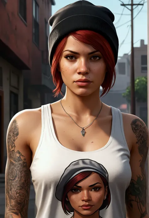 Make a redhead Latina girl  character with a white tank top in a portrait style artwork from the Grand Theft Auto franchise Make her with a black  beanie Make her with short hair down to her shoulders And get her a small tattoo on her right chest 