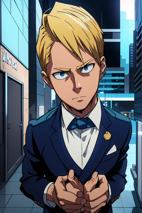 A man, blond hair, piercing blue eyes, detailed facial features, handsome, well-groomed, distinguished, confident expression, smart casual outfit, urban city background, my hero academy art style, boku no hero art , 8k, high quality, masterpiece, dramatic ...