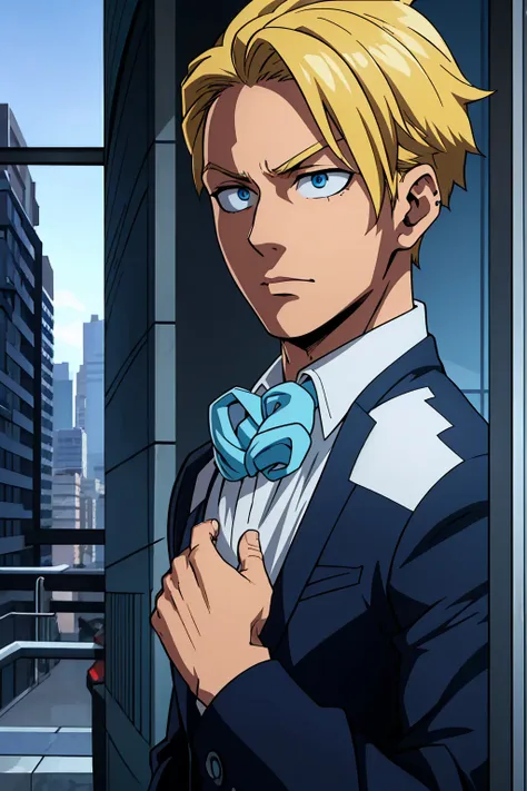 A man, blond hair, piercing blue eyes, detailed facial features, handsome, well-groomed, distinguished, confident expression, smart casual outfit, urban city background, my hero academy art style, boku no hero art , 8k, high quality, masterpiece, dramatic ...