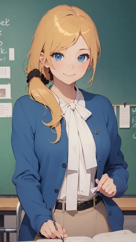 High resolution、High resolution、high quality、masterpiece、1 female、Ellen Baker、School teacher、blonde、blue eyes、Light blue suit、School classroom、Cute pose、blackboard、smile、((Depiction of only the upper body))、((Woman close up))