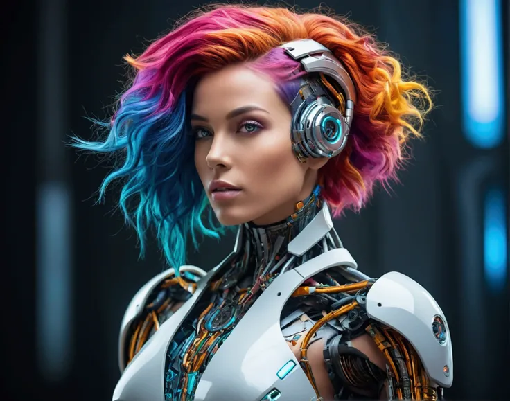 "A stunning, beautiful woman with colorful hair, High resolution photo capturing the essence of a futuristic cyborg with intricate details and dynamic angles showing the entire body."