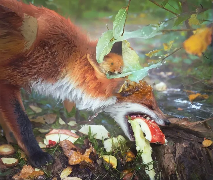 there is a fox eating a mushroom in the forest, Sharp fox - teeth, fox animals, extremely realistic, Red fox, by Sebastian Vrancx, Fox tail, Fox carving art, playing with foxes, anthropomorphic zorro, Mutated wildlife, foxes, tonic the fox, an anthropomorp...