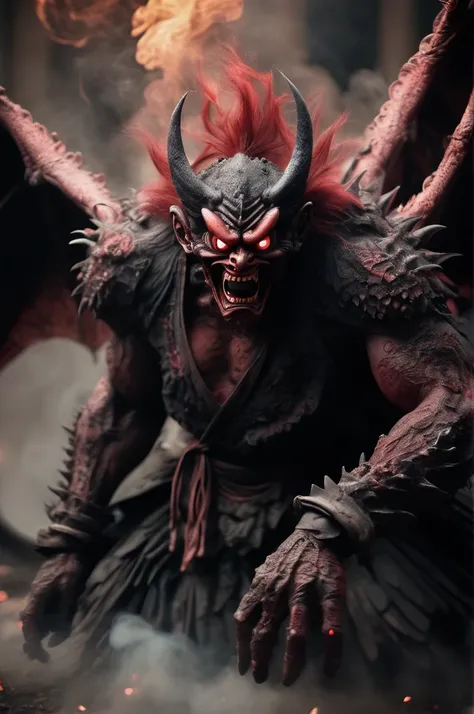 Horror-themed movie stills,Scary red-skinned male Tengu, (Full body portrait:1.3), (Detailed monstrous evil face:1.4), shout, Large, bat-like wings, (Detailed scaly skin texture:1.2), Long curved corner, (In hell, Swirling Souls of Anguish, Rising Smoke:1....