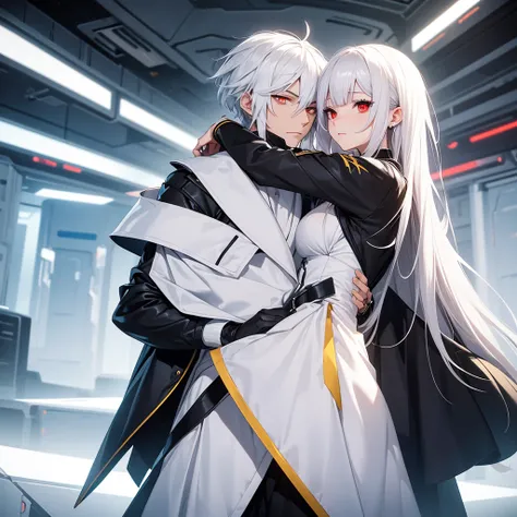 make one character hugging another. the first will be a man, taller than the woman he is hugging, white  hair, social futuristic clothes and yellow x-shaped eyes. the girl will have red eyes, long white hair and a low-cut black dress