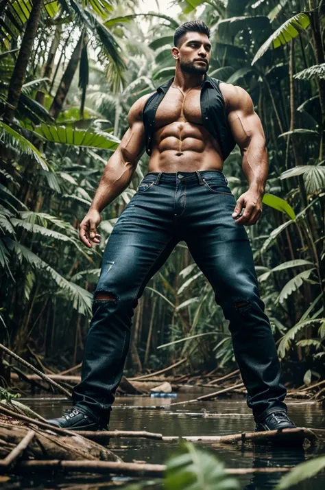 Big giant body builder men wearing unbuttoned black damage jeans pant in jungle on lake