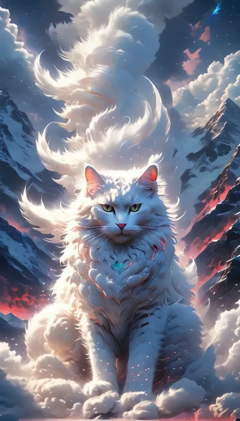 a giant fluffy white cloud-like cat among mountains, detailed furry texture, realistic lighting and shadows, vibrant colors, dra...