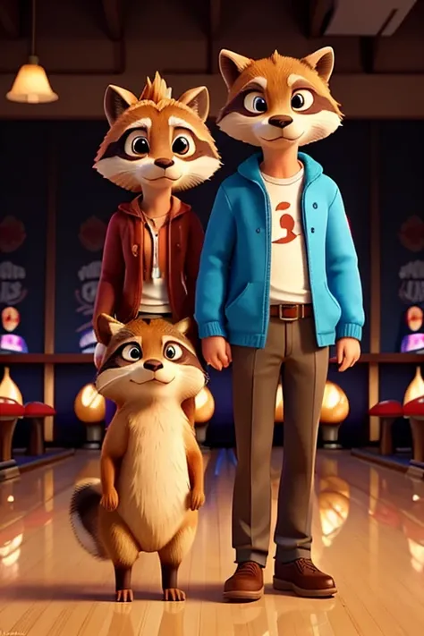 Make me a drawing that is the entire bowling scene, and that there is a couple in which the man is a raccoon and the woman is a capybara