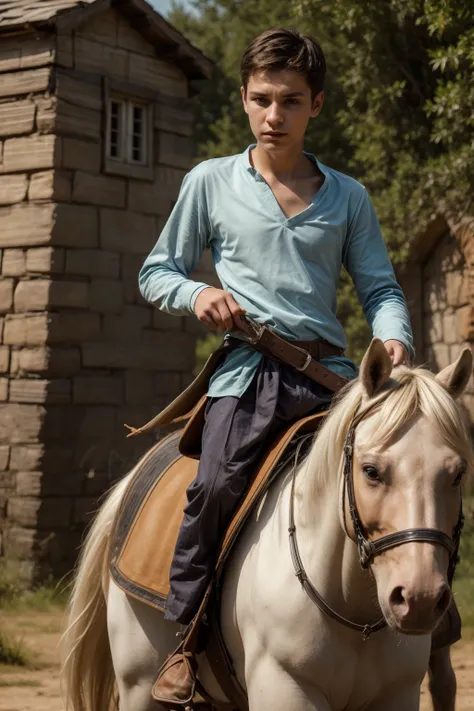 A young male twink, 19 years old, with a cute, angelic face, with makeup and black hair, wearing a medieval shirt with ties, a v-neck, and long sleeves, aquamarine in color, and white medieval pants. He is on the battlefield, riding on a horse, carrying a ...