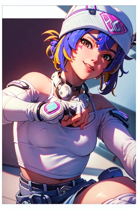 ((masterpiece, best quality)), 1girl, solo, Kiriko LeSserafim, upper body, short hair, brown eyes, multicolored hair, blue hair, yellow highlights, bangs, pink headwear, hair between eyes, (white off-shoulder shirt:1.5), ((gloves:1.5)), pointing to her fac...