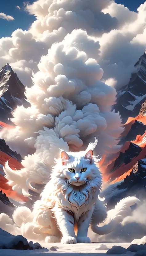 a giant fluffy white cloud-like cat among mountains, detailed furry texture, realistic lighting and shadows, vibrant colors, dra...