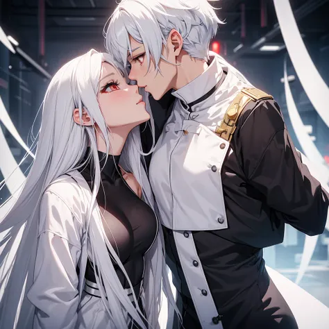 make one character kiss another. the first will be a man, taller than the woman he is kissing, white  hair, social futuristic clothes and yellow x-shaped eyes. the girl will have red eyes, long white hair and a low-cut black dress