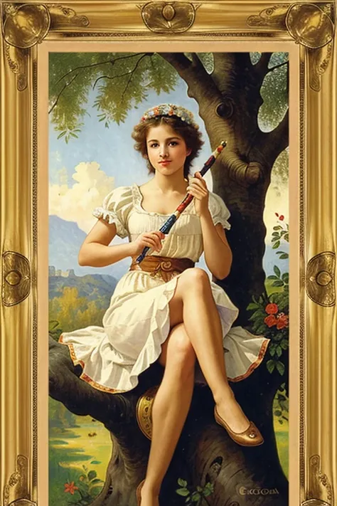 ((Best Quality)), ((masterpiece)), (detailed), 1 girl, logo of a delicatessen business, with a frame, Mucha Style, colorful, lively. A beautiful young girl appears, country style, playing a flute sitting on a tree. Nice legs. Bucolic.