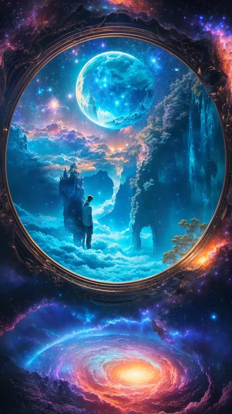 Realistic live-action、8k、photograph、Starry landscape of man and woman standing in front of a mirror, Detailed dreamscape, Magic portal in the sky, A world only visible through a portal, Portal to space, Surreal dreamscape, Entrance to another world, Dreamy...