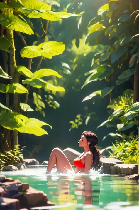 maozonia indigenous girl, 18 years old, bathing in a river, in the middle of the forest, a jaguar watching from afar, sad, Clockpunk, Gamercore, street level view, Blender rendering, 100mm, Sculpture, iridescent colors, Medicalcore, strobe lighting, ultra ...