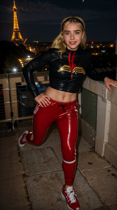 Masterpiece, Best quality, (solo girl), (photorealistic1.4), (epiCRealLife), (flashphoto), (UHD), (young woman), (blonde hair), (blue eyes), (Wondergirl_YJ latex black armor costume), (Wondergirl_YJ black hairband) (long red Wondergirl_YJ sweat pants), (Wo...