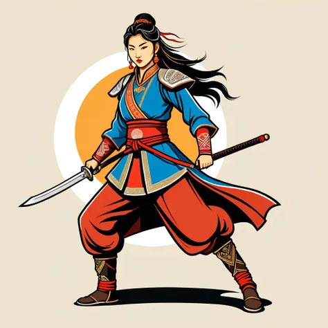 female fighter in mongolian folk outfit, vector graphics, strong contours, logo design
