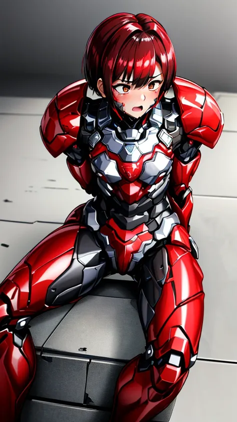 Rough skin, Very detailed, Advanced Details, high quality, 最high quality, High resolution, 1080P 、、Red Armor、Wearing red and black、cute((During a break))(Wearing a damaged female robot suit...)(Red Armor)(Broken Armor)Black Hair、、Chiquita、short hair、Open y...