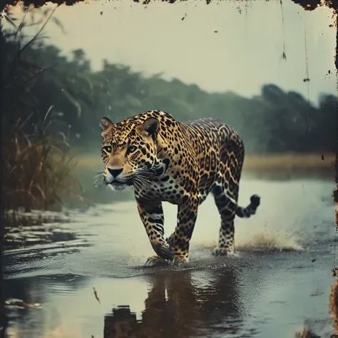 Best quality, ultra high resolution, official wallpaper, (realistic :1.4), award winning portrait of a jaguar walking on water watching reflection, cinematic lighting, golden ratio, perfect composition, elegant, no crop, extremely detailed, 4k, sharp focus...